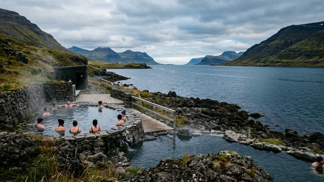 Geothermal pools at Hvammsvik in Hvalfjordur